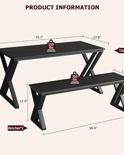 IDEALHOUSE Kitchen Table with Benches, Dining Table Benches Set for 4-6, Rectangular Kitchen Table Set with Sturdy Metal Frame, Saving Space for Kitchen, Dining Room, Apartment, 55", Black - LeafyLoom
