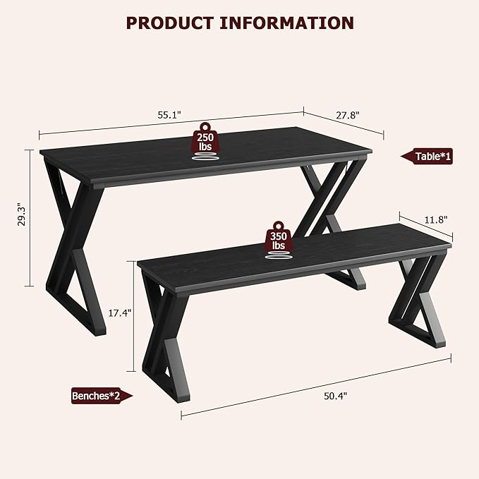 IDEALHOUSE Kitchen Table with Benches, Dining Table Benches Set for 4-6, Rectangular Kitchen Table Set with Sturdy Metal Frame, Saving Space for Kitchen, Dining Room, Apartment, 55", Black - LeafyLoom