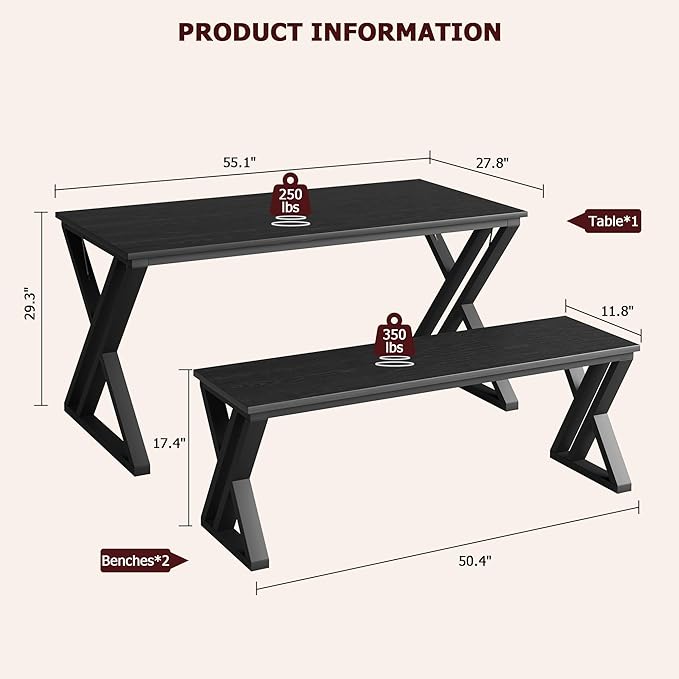 GAOMON 55” Dining Table with Benches, Kitchen Table Set for 4-6, Rectangular Dining Room Table Set with Sturdy Metal Frame, Saving Space for Kitchen, Dining Room, Apartment, Black - LeafyLoom