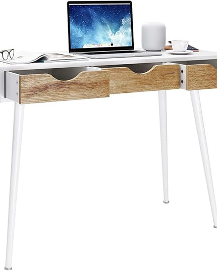 DlandHome Computer Desk with Drawers Mid Century Modern Desk 43 Inches Vanity Desk with 3-Drawers, Office Desk with Drawers Writing Desk Study Table Makeup Tables, Bedroom Dresser Table - LeafyLoom
