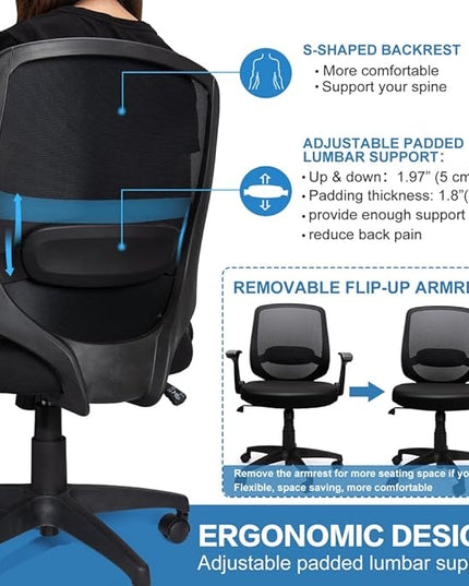 KOLLIEE Mid Back Mesh Office Chair Ergonomic Swivel Black Desk Office Chair Flip Up Armrests with Lumbar Support Adjustable Height Computer Task Chairs - LeafyLoom