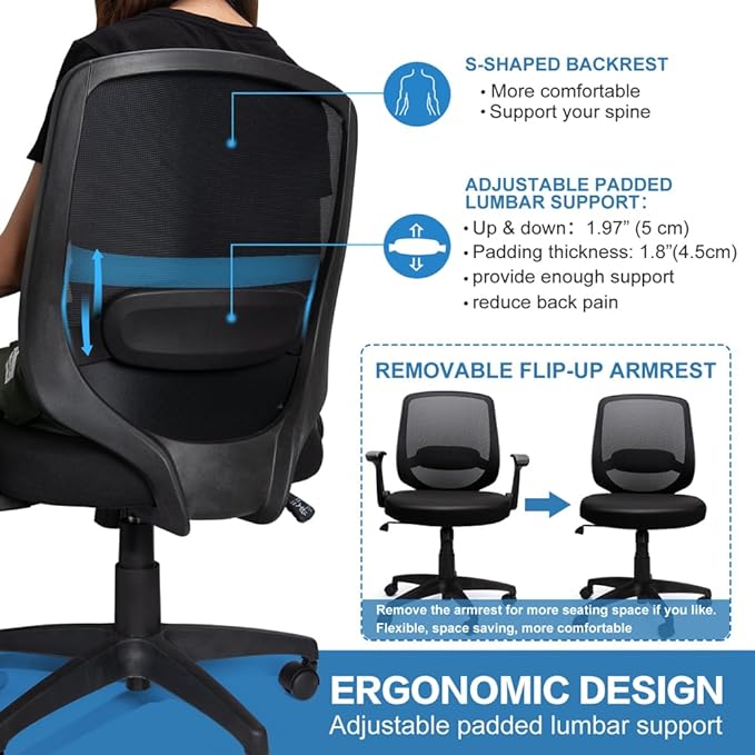 KOLLIEE Mid Back Mesh Office Chair Ergonomic Swivel Black Desk Office Chair Flip Up Armrests with Lumbar Support Adjustable Height Computer Task Chairs - LeafyLoom
