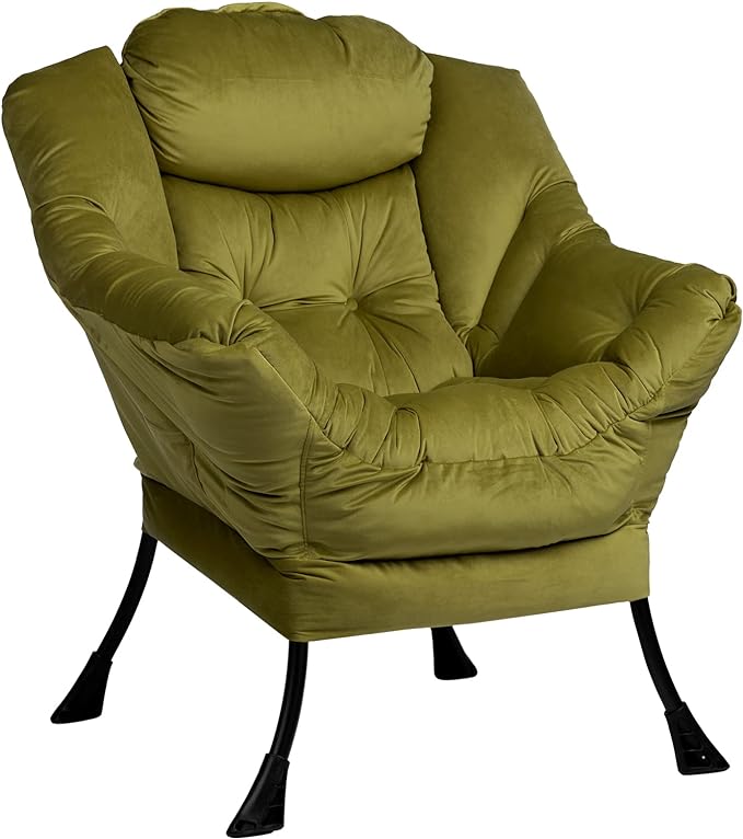 HollyHOME Modern Fabric Large Lazy Chair, Accent Oversized Comfy Reading Chair, Thick Padded Cozy Lounge Chair with Armrest, Steel Frame Leisure Sofa Chair for Living Room, Bedroom, Dorm, Army Green - LeafyLoom