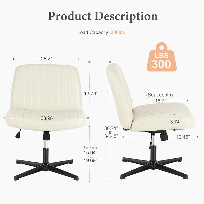Sweetcrispy Criss Cross Chair Legged, Armless Office Desk Chair No Wheels, Swivel Vanity Chair, Height Adjustable Wide Seat Computer Task Chair, Fabric Vanity Modern Home Chair Cream - LeafyLoom