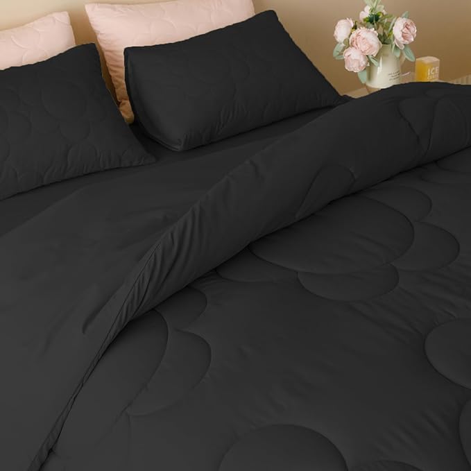 Black Flower Comforter Full Black Flower Print Bed Full Comforter Set 3 Pieces Dark Black Floral Comforter Set for Boys Girls Teens Bedroom Decor All Season Hotel Quality Comforter Set - LeafyLoom