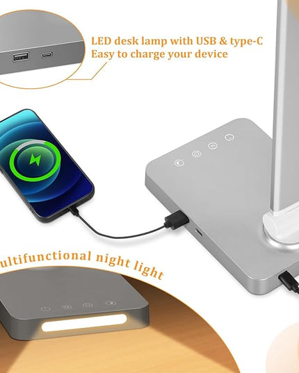 Dott Arts LED Desk Lamp with USB Ports,Touch Desk Lamps for Home Office with 5 Color Modes,3 Brightness Desk Light with Small Night Light,Reading Lamp Table LED Lamp for Bedroom Bedsid Study Sliver - LeafyLoom