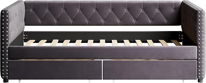 Twin Size Velvet Upholstered Daybed with Two Storage Drawers, Solid Wood Bed w/Button Tufted Backrest, for Living Room, Bedroom, Dorm, No Box Spring Needed - LeafyLoom
