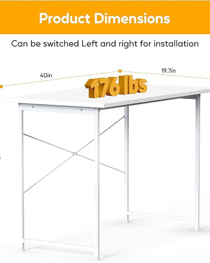 HealSmart Home Office Computer Desk, Modern Style Design with Headphone Hooks for Working, Writing and Gaming, 32 Inch, 40 Inches, White - LeafyLoom