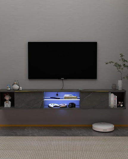 Pmnianhua LED Floating TV Stand with 2 Drawers for 80 inch TV,78'' Floating TV Shelf with LED Lights,Wall Mounted TV Console,Floating Shelf for Under TV (Dark Grey) - LeafyLoom