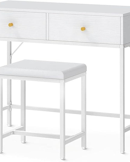 SUPERJARE 35.4" White Desk with 2 Drawers, Modern Makeup Vanity Desk with Padded Stool, Small Computer Desk Home Office Desk for Writing Study Bedroom - LeafyLoom