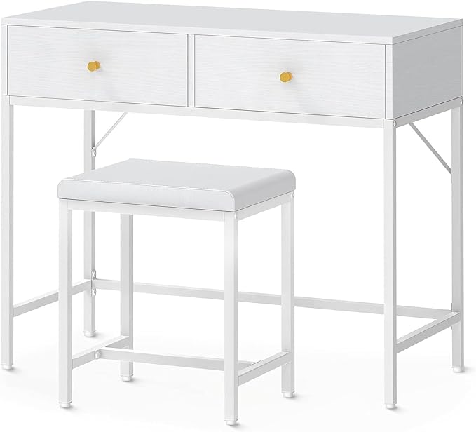 SUPERJARE 35.4" White Desk with 2 Drawers, Modern Makeup Vanity Desk with Padded Stool, Small Computer Desk Home Office Desk for Writing Study Bedroom - LeafyLoom