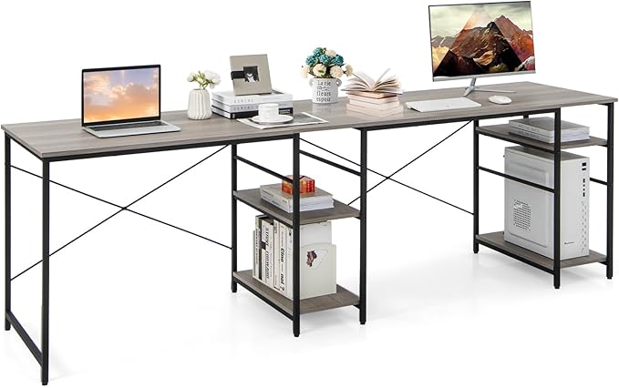 L-Shaped Home Office Desk, Corner Computer Desk w/Monitor Stand, Reversible PC Desk w/Heavy-Duty Metal Frame, Long Office Desk for 2 Person, Space-Saving Design (Grey) - LeafyLoom