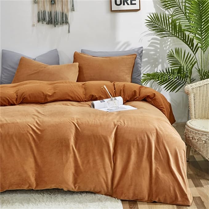 Wellboo Velvet King Size Comforter Set Pumpkin Fluffy Bedding Set for Women Girls Burnt Orange Plush Bedding Comforters Solid Terracotta Flannel Quilt Soft Rust Pumpkin Fuzzy Blanket Sherpa Shaggy Bed - LeafyLoom