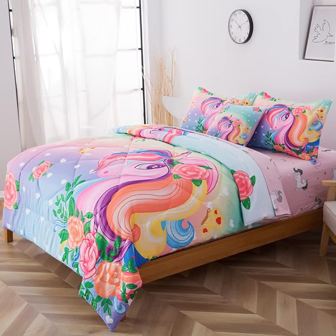 ADASMILE A & S Unicorn Comforter Set Twin with Sheets 6 Pieces Floral Pink Unicorn Bedding Set for Girls Kids Unicorn Sheets Soft Bed-in-a-Bag Comforter Reversible Bed Comforter Set for Home Decor - LeafyLoom