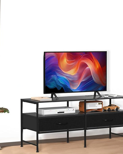 HEOMU Industrial TV Stand for 50 Inch Television Cabinet 3-Tier Console Table with Fabric Drawer, Entertainment Center Media Console Metal Frame for Living Room, Bedroom, Black - LeafyLoom