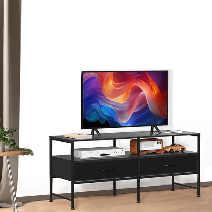 HEOMU Industrial TV Stand for 50 Inch Television Cabinet 3-Tier Console Table with Fabric Drawer, Entertainment Center Media Console Metal Frame for Living Room, Bedroom, Black - LeafyLoom