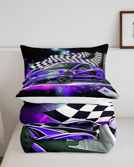 Purple Race Car Comforter Set Full Size, Black White Lattice Bedding Set 2pcs for Kids Boys Teens Room Decor,Extreme Sport Games Quilt Set,Cool Modern Duvet Insert with 2 Pillowcases - LeafyLoom