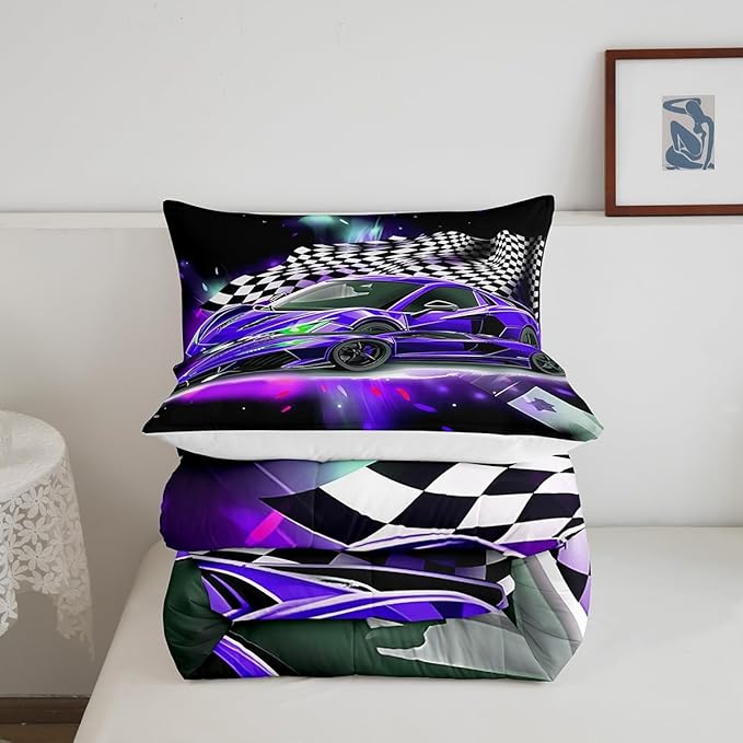 Purple Race Car Comforter Set Full Size, Black White Lattice Bedding Set 2pcs for Kids Boys Teens Room Decor,Extreme Sport Games Quilt Set,Cool Modern Duvet Insert with 2 Pillowcases - LeafyLoom