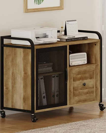 BON AUGURE Filing Cabinet for Home Office, Lateral File Cabinet with Drawer for Letter/ A4 Size, Mobile Printer Stand with Open Storage (Vintage Oak) - LeafyLoom