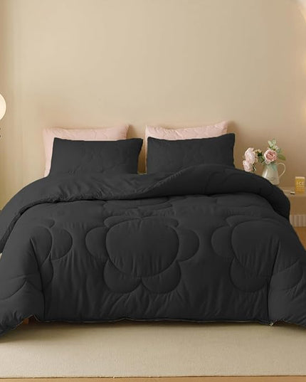 Black Flower Comforter Full Black Flower Print Bed Full Comforter Set 3 Pieces Dark Black Floral Comforter Set for Boys Girls Teens Bedroom Decor All Season Hotel Quality Comforter Set - LeafyLoom