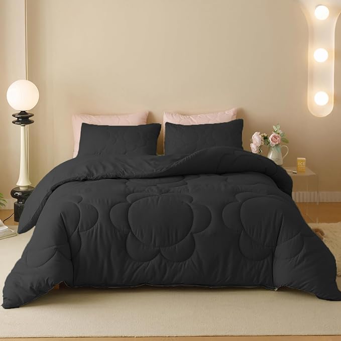 Black Flower Comforter King Black Flower Print Bed King Comforter Set 3 Pieces Dark Black Floral Comforter Set for Women Girls Bedroom Decor All Season Hotel Quality Comforter Set - LeafyLoom