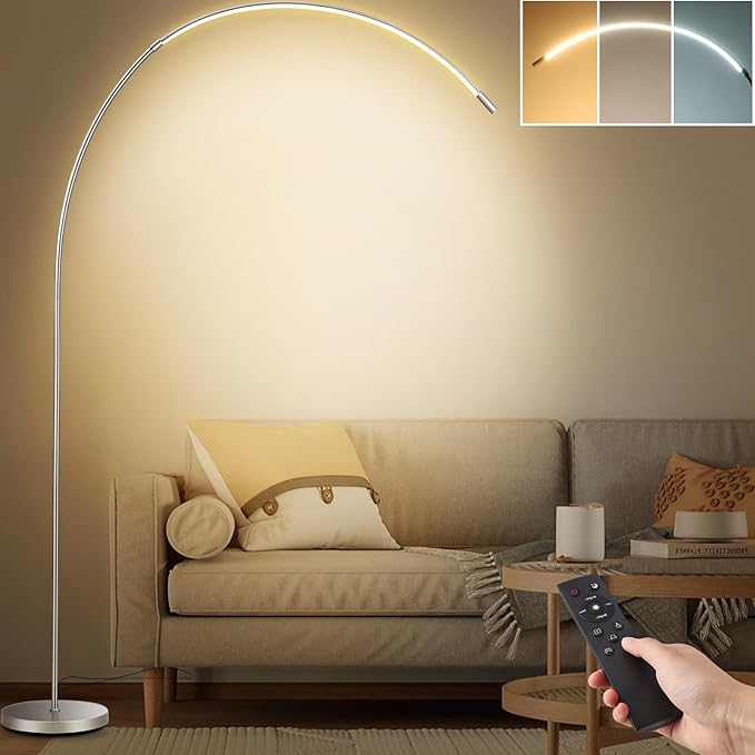 LED Arc Floor Lamp for Living Room,70.8" Tall Modern Standing Lamp with Remote Control,3 Color Temperature & Stepless Dimmable Brightness, Reading Floor Lamp for Bedroom Office Home - LeafyLoom