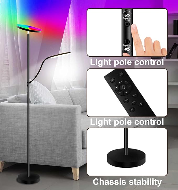 RGB Floor lamp,LED floor lamps for living room, super bright tall standing lamp with Remote &Touch control, Adjustable angle reading floor lamp for Bedroom office - LeafyLoom
