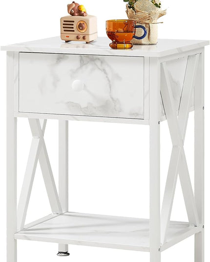 VECELO Night Stands for Bedroom Rustic Nightstand Bedside End Tables with Drawer Storage, Marble White - LeafyLoom