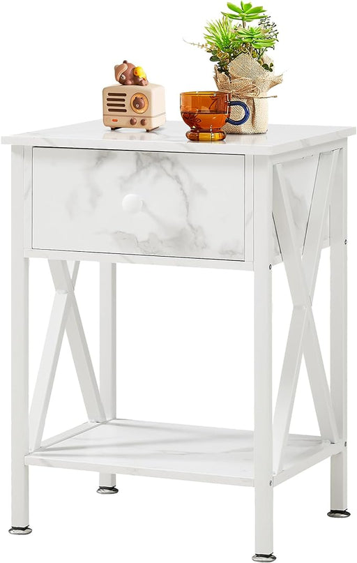VECELO Night Stands for Bedroom Rustic Nightstand Bedside End Tables with Drawer Storage, Marble White - LeafyLoom