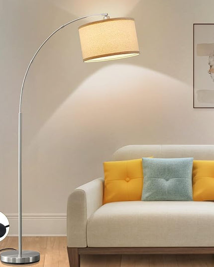 Arc Floor Lamps for Living Room, Silver Modern Floor Lamp, Adjustable Hanging Drum Shade, Tall Pole Lamp with Foot Switch, Over Couch Arched Reading Light for Bedroom, Office, LED Bulb Not Include - LeafyLoom