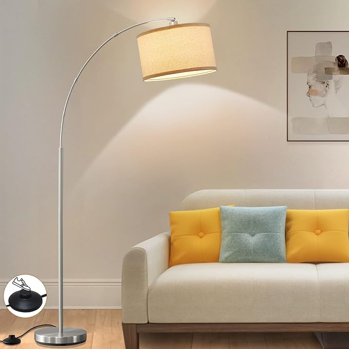 Arc Floor Lamps for Living Room, Silver Modern Floor Lamp, Adjustable Hanging Drum Shade, Tall Pole Lamp with Foot Switch, Over Couch Arched Reading Light for Bedroom, Office, LED Bulb Not Include - LeafyLoom