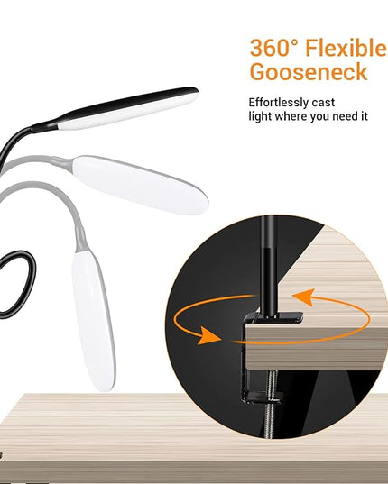 LED Desk Lamp with Clamp, 10W Flexible Gooseneck Swing Arm Clip Lamp with USB Plug, 3 Color Modes, 30 Brightness Levels, Eye-Caring Portable Desk Light for Home Office Reading Working (Black) - LeafyLoom