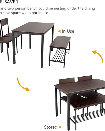 SDHYL Dining Table Set for 4, 43" Dining Room Table with Two Chairs and One Bench, 4 Pieces Set Table Top with Metal Legs in Living Room, Dining Room, Space Saving Kitchen Table Set, Walnut - LeafyLoom