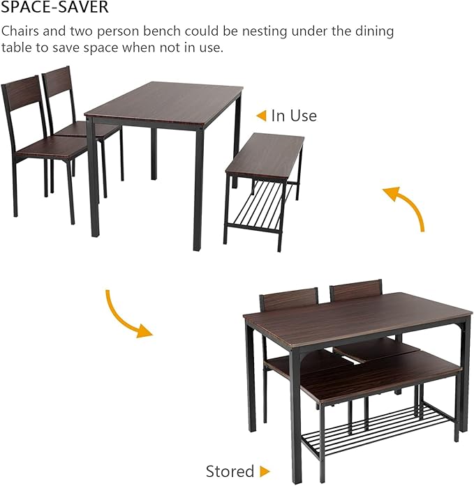 SDHYL Dining Table Set for 4, 43" Dining Room Table with Two Chairs and One Bench, 4 Pieces Set Table Top with Metal Legs in Living Room, Dining Room, Space Saving Kitchen Table Set, Walnut - LeafyLoom