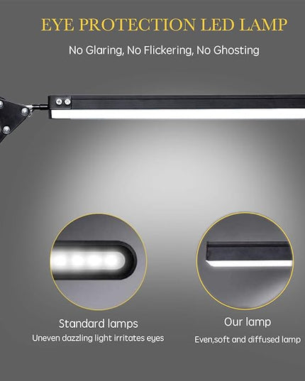 LED Desk Lamp, Adjustable Swing Arm Lamp with Clamp, Eye-Caring Reading Light, 10 Brightness Levels, 3 Lighting Modes, Memory Function Lamps for Home Office Adapter (Black) - LeafyLoom