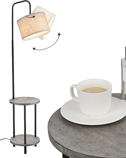 ELYONA Rubber Wood Floor Lamp - Rustic Side Table Lamp for Bedroom & Living Room - Mid Century Modern Floor Lamp with End Table for Farmhouse - Industrial Tall Pole Reading Standing Light - Grey - LeafyLoom