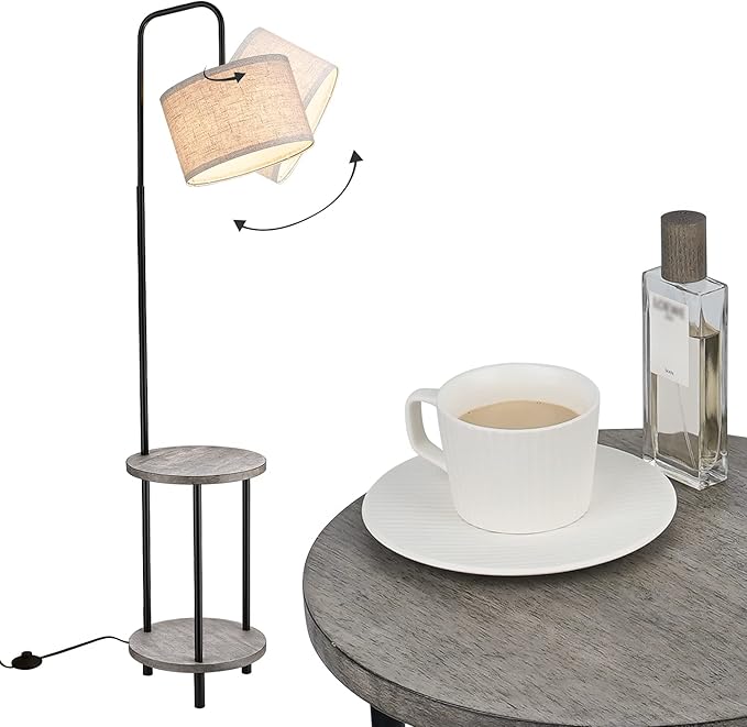 ELYONA Rubber Wood Floor Lamp - Rustic Side Table Lamp for Bedroom & Living Room - Mid Century Modern Floor Lamp with End Table for Farmhouse - Industrial Tall Pole Reading Standing Light - Grey - LeafyLoom