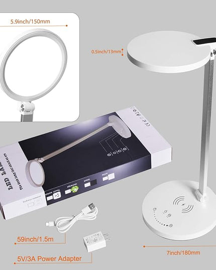 LED Desk Lamp Wireless Charger, Aluminum Dimmable Eye-Caring Table Lamp with 5 Lighting Models with 5 Brightness Levels, Touch Control and Memory Function, USB Charging Port, 8W, White…… - LeafyLoom