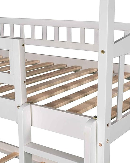 Twin Over Twin Bunk Bed with Slide for Kids Bedroom,Solid Pinewood Bedframe,House Bunkbeds w/Safety Guardrails & Roof Design,No Box Spring Needed, White - LeafyLoom