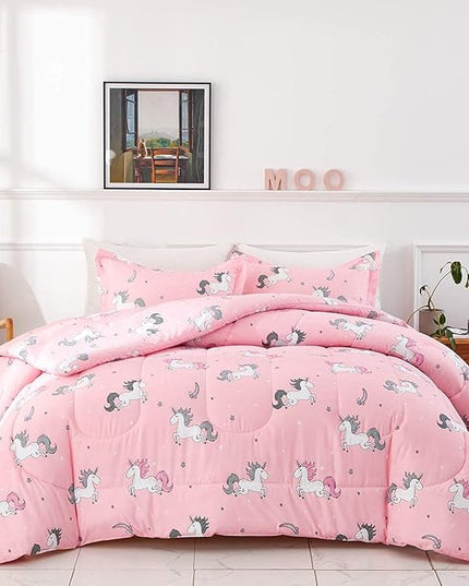 UOZZI BEDDING Bed in a Bag 7 Pieces King Size Unicorn Pink with Rainbow Star - Soft Microfiber, Reversible Bed Comforter Set (1 Comforter, 2 Pillow Shams, 1 Flat Sheet, 1 Fitted Sheet, 2 Pillowcases) - LeafyLoom
