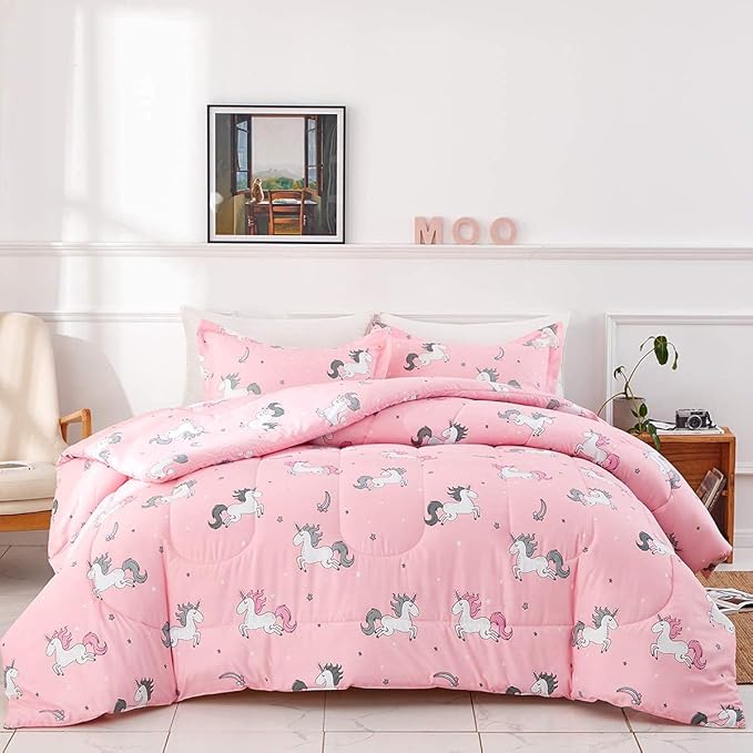 UOZZI BEDDING Bed in a Bag 7 Pieces King Size Unicorn Pink with Rainbow Star - Soft Microfiber, Reversible Bed Comforter Set (1 Comforter, 2 Pillow Shams, 1 Flat Sheet, 1 Fitted Sheet, 2 Pillowcases) - LeafyLoom