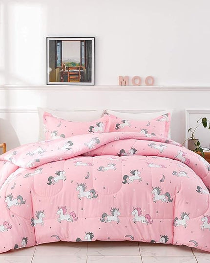 UOZZI BEDDING Bed in a Bag 6 Pieces Twin Size Unicorn Pink with Rainbow Star - Soft Microfiber, Reversible Bed Comforter Set (1 Comforter, 2 Pillow Shams, 1 Flat Sheet, 1 Fitted Sheet, 1 Pillowcases) - LeafyLoom