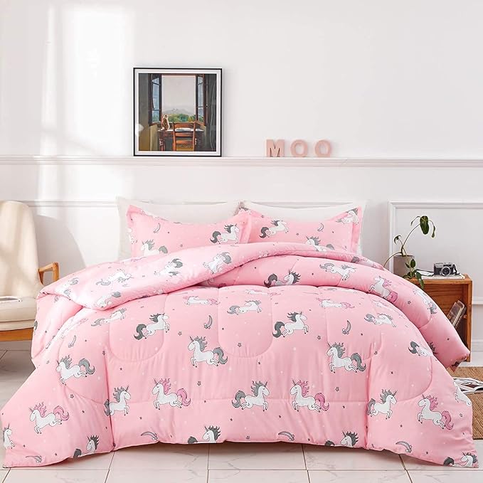 UOZZI BEDDING Bed in a Bag 6 Pieces Twin Size Unicorn Pink with Rainbow Star - Soft Microfiber, Reversible Bed Comforter Set (1 Comforter, 2 Pillow Shams, 1 Flat Sheet, 1 Fitted Sheet, 1 Pillowcases) - LeafyLoom