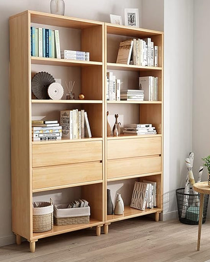 IOTXY Floorstanding Wooden Bookcase with Legs - 67" Tall Open Shelves Cube Billy Bookshelf with Drawers for Home and Office, Oak - LeafyLoom