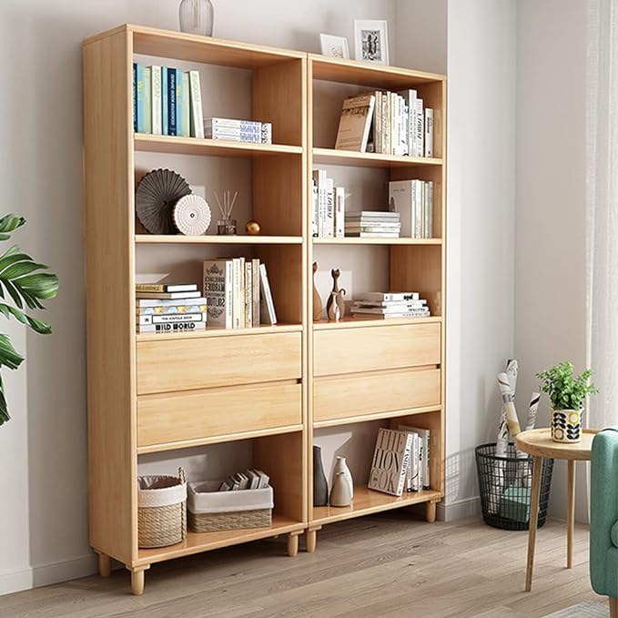 IOTXY Floorstanding Wooden Bookcase with Legs - 67" Tall Open Shelves Cube Billy Bookshelf with Drawers for Home and Office, Oak - LeafyLoom