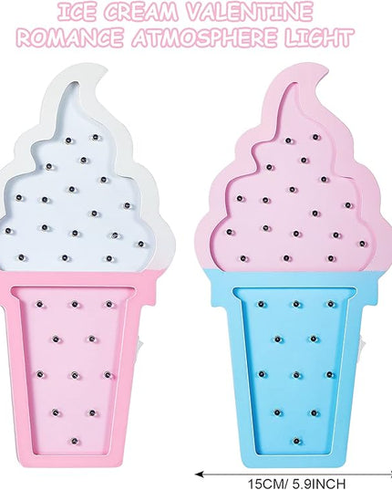 2 Pcs Ice Cream Valentine Romance Atmosphere Light Wooden Ice Cream LED Night Light Ice Cream Theme Valentine Romance Lamps Battery Operated LED Night Lights for Birthday Party Decor (Blue-Pink) - LeafyLoom