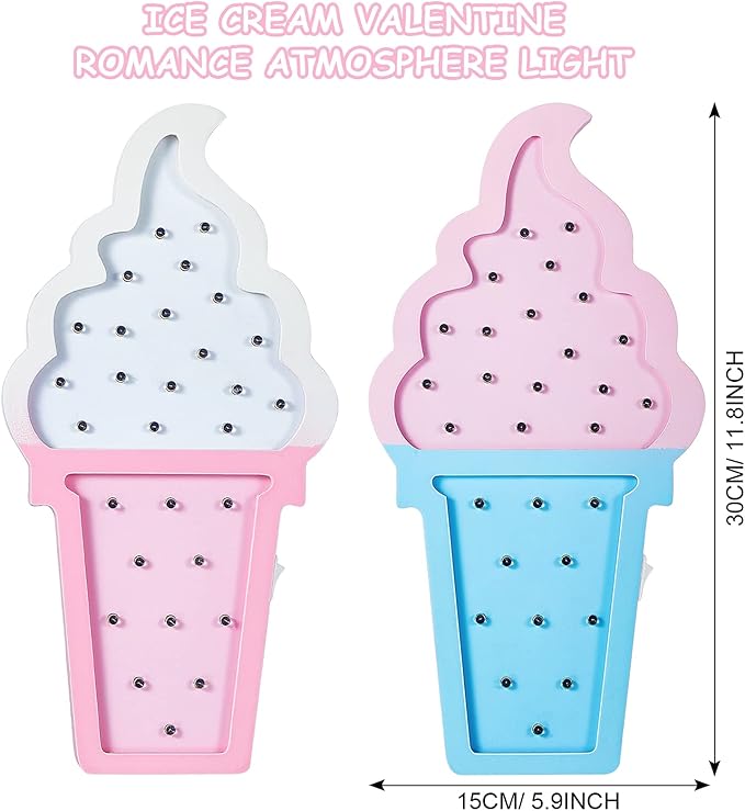 2 Pcs Ice Cream Valentine Romance Atmosphere Light Wooden Ice Cream LED Night Light Ice Cream Theme Valentine Romance Lamps Battery Operated LED Night Lights for Birthday Party Decor (Blue-Pink) - LeafyLoom
