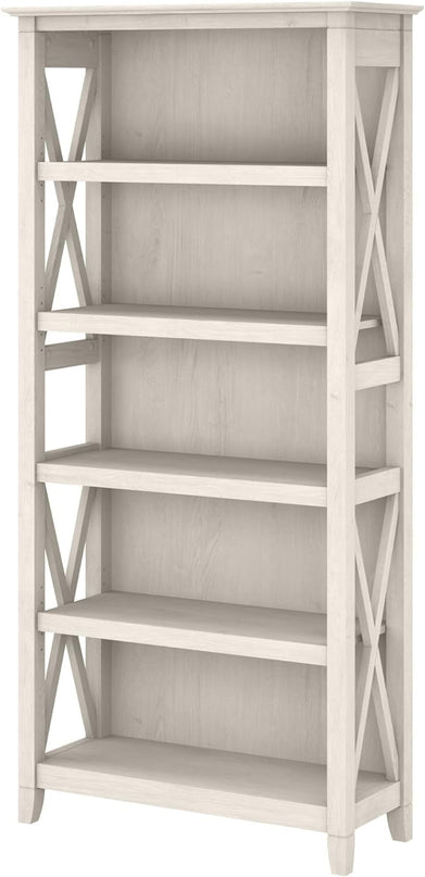 Bush Furniture Key West Bookcase Shelf in Linen White Oak | Farmhouse Bookshelf Display Cabinet for Library, Bedroom, Living Room, and Office - LeafyLoom