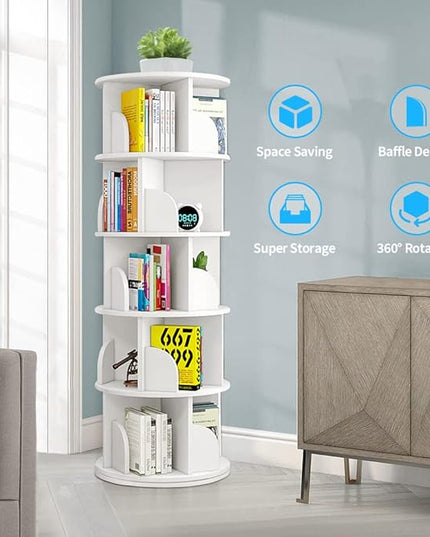Nisorpa 5 Tier Rotating Bookshelf, 360° Revolving Bookcase Rotating Stackable Shelves Floor-Standing Storage Display Rack Used in Bedrooms Living Rooms Study Office (63"x18"x18") - LeafyLoom