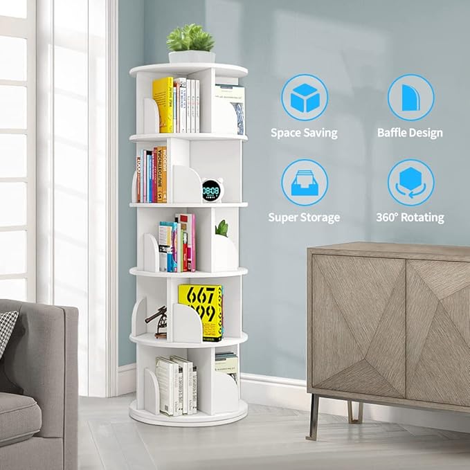 Nisorpa 5 Tier Rotating Bookshelf, 360° Revolving Bookcase Rotating Stackable Shelves Floor-Standing Storage Display Rack Used in Bedrooms Living Rooms Study Office (63"x18"x18") - LeafyLoom